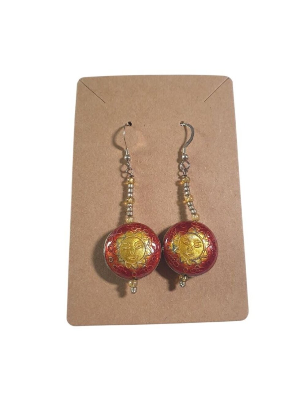 Gold Red Sun Face Beaded Drop Earrings Handmade Jewelry Multicolor Boho Beach